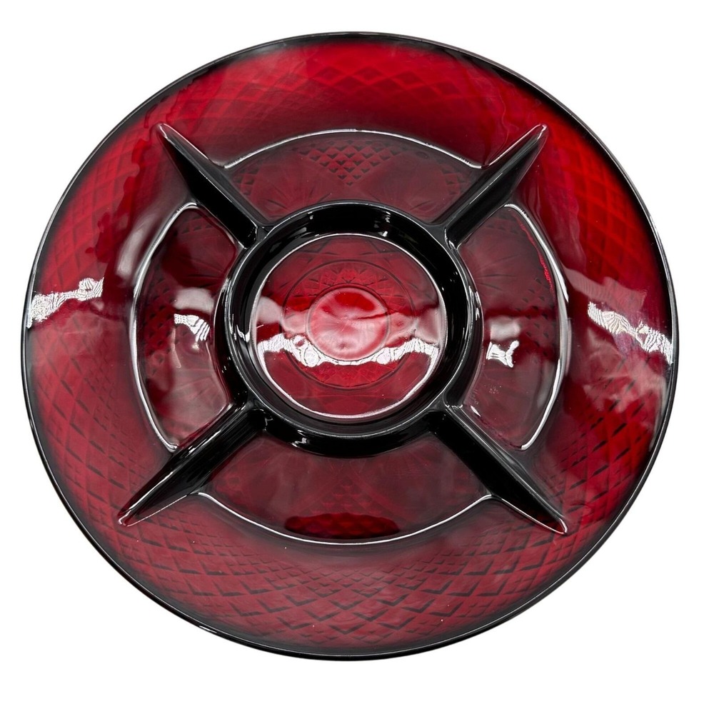 Vintage Luminarc Ruby Red Glass Plate Geometric France Relish 10" Candy Retro‎